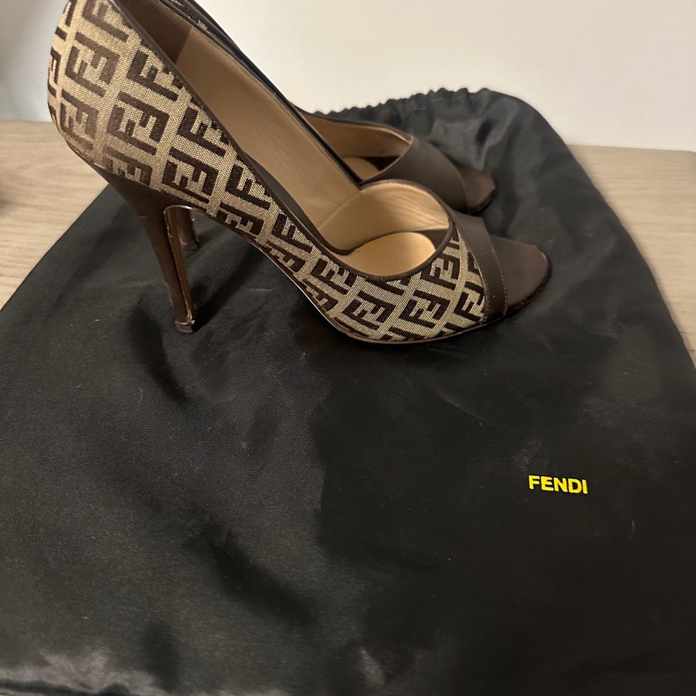 Fendi Monogram Brown Peep-Toe Heels